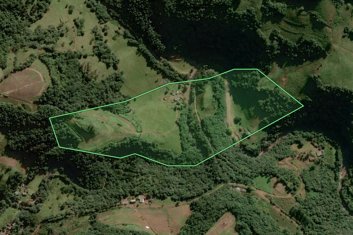 Imagem de satélite do imóvel rural em Herveiras (RS), com o contorno declarado no CAR desenhado por cima.