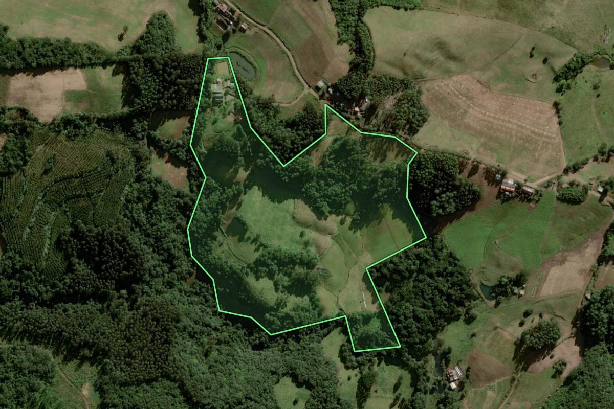 Imagem de satélite do imóvel rural em Herveiras (RS), com o contorno declarado no CAR desenhado por cima.
