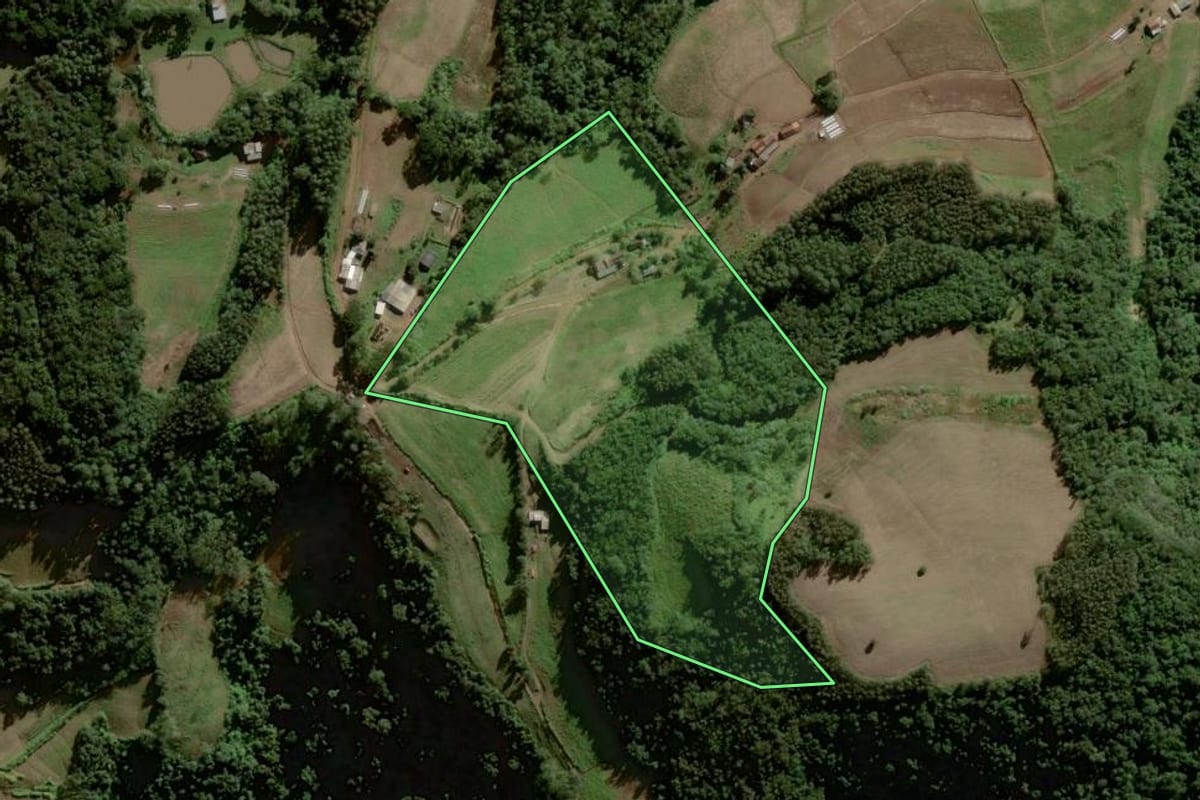 Imagem de satélite do imóvel rural em Herveiras (RS), com o contorno declarado no CAR desenhado por cima.