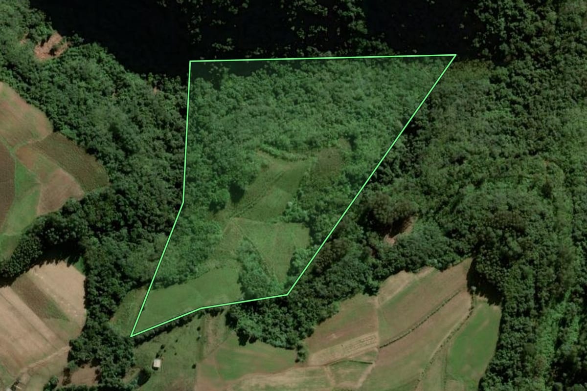 Imagem de satélite do imóvel rural em Herveiras (RS), com o contorno declarado no CAR desenhado por cima.