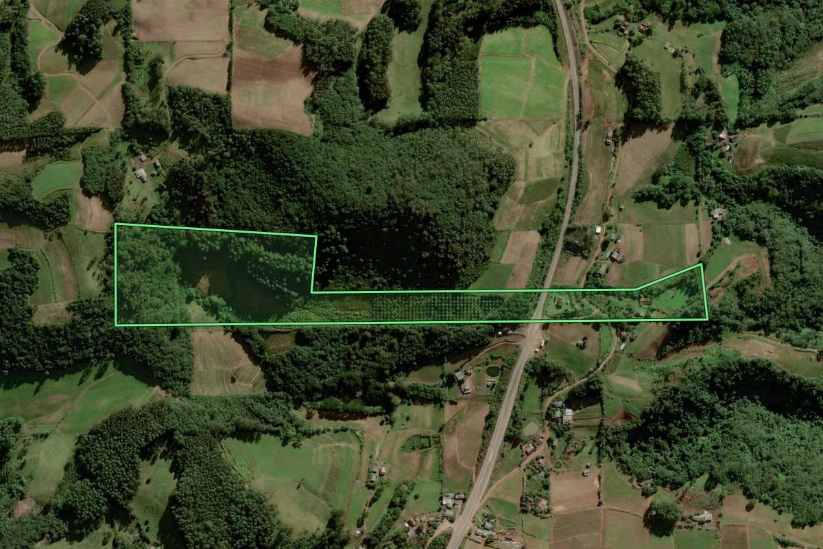 Imagem de satélite do imóvel rural em Herveiras (RS), com o contorno declarado no CAR desenhado por cima.