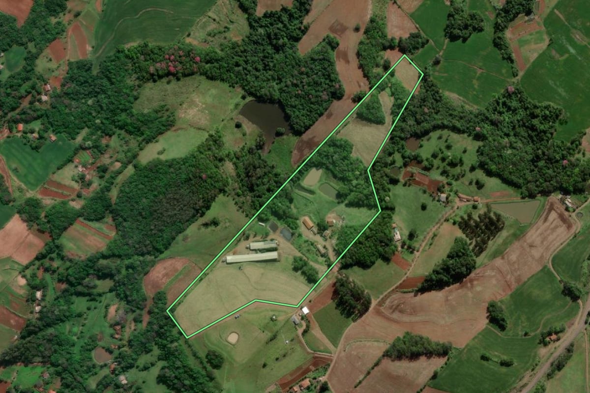 Imagem de satélite do imóvel rural em Horizontina (RS), com o contorno declarado no CAR desenhado por cima.