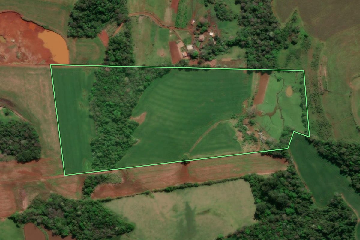 Imagem de satélite do imóvel rural em Horizontina (RS), com o contorno declarado no CAR desenhado por cima.