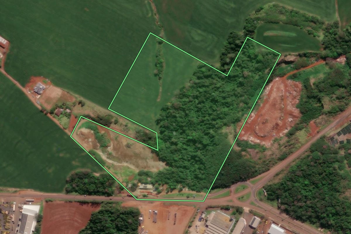 Imagem de satélite do imóvel rural em Horizontina (RS), com o contorno declarado no CAR desenhado por cima.
