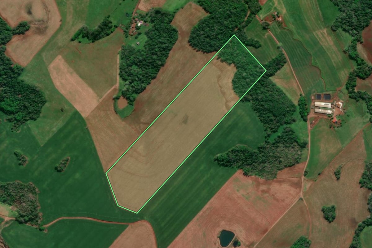 Imagem de satélite do imóvel rural em Horizontina (RS), com o contorno declarado no CAR desenhado por cima.