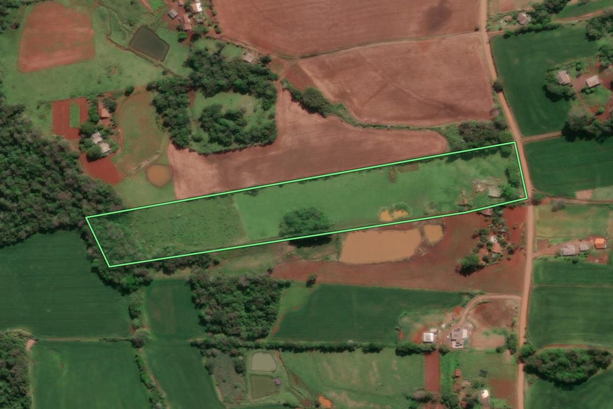 Imagem de satélite do imóvel rural em Horizontina (RS), com o contorno declarado no CAR desenhado por cima.