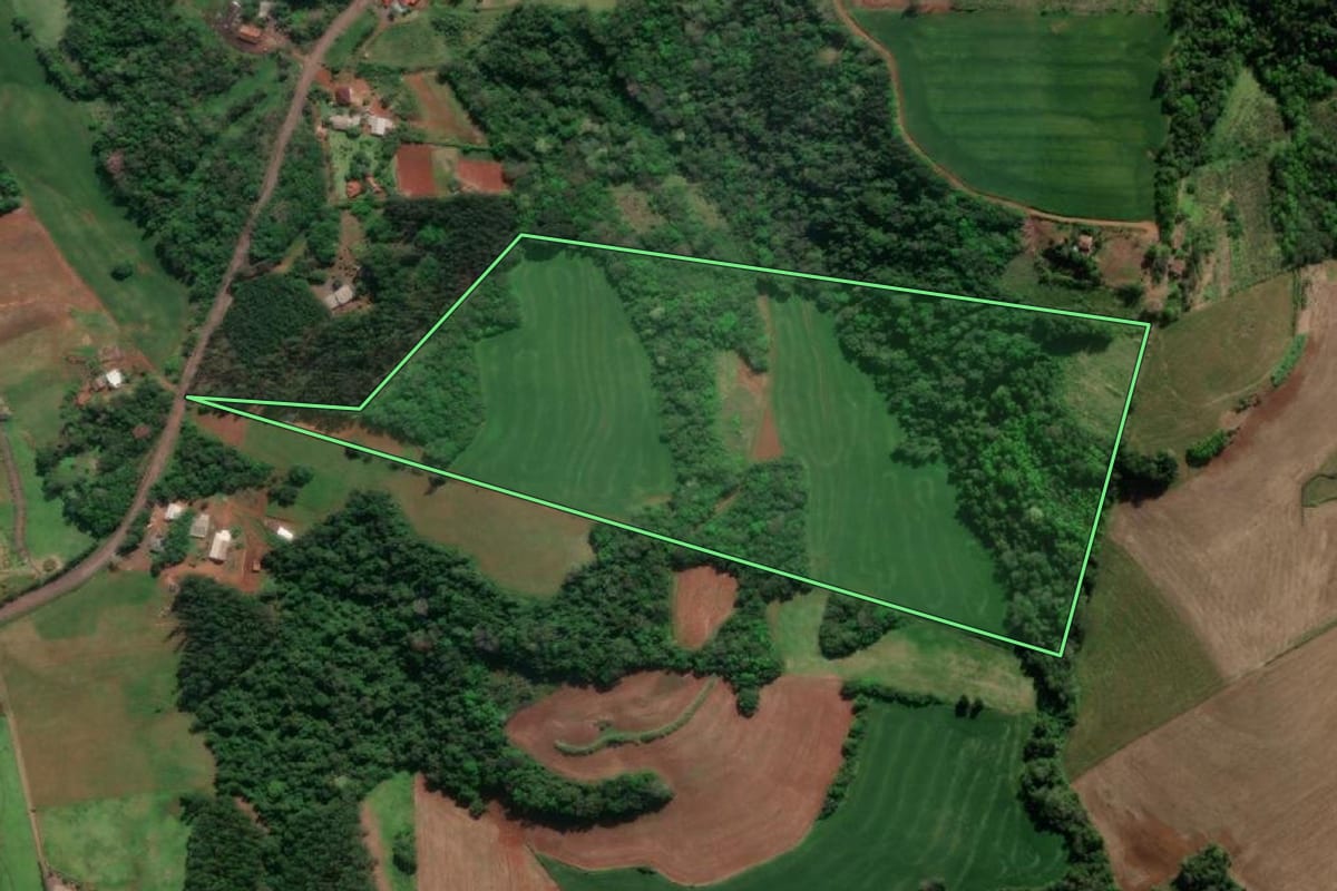 Imagem de satélite do imóvel rural em Horizontina (RS), com o contorno declarado no CAR desenhado por cima.