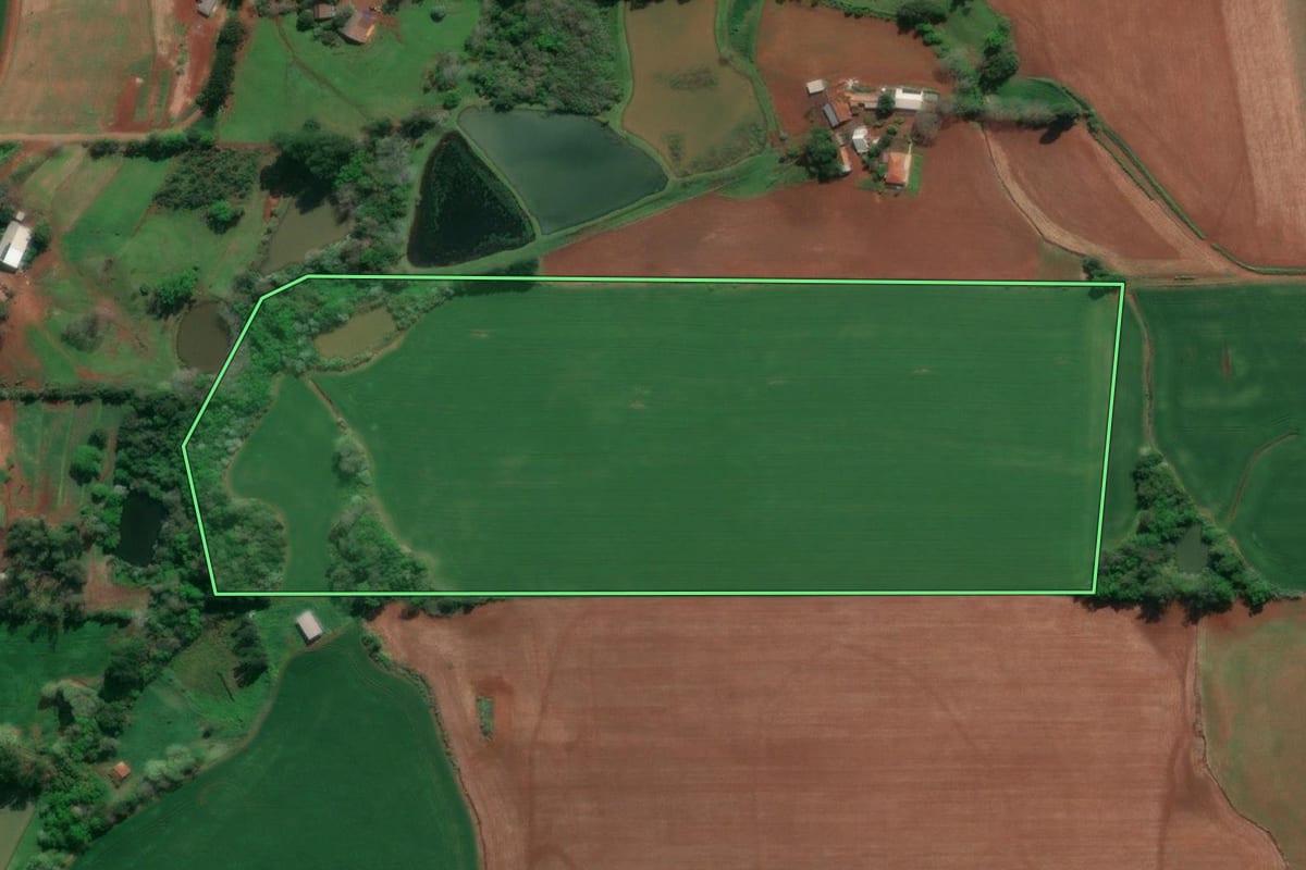 Imagem de satélite do imóvel rural em Horizontina (RS), com o contorno declarado no CAR desenhado por cima.