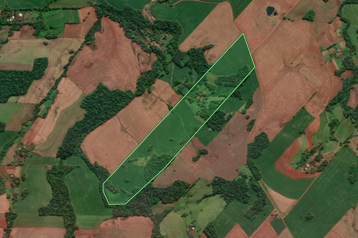 Imagem de satélite do imóvel rural em Horizontina (RS), com o contorno declarado no CAR desenhado por cima.