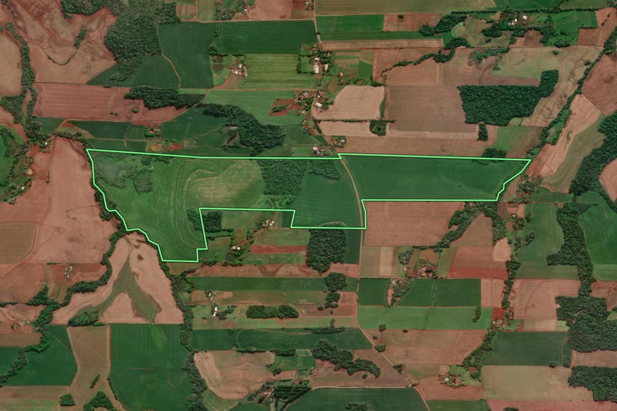 Imagem de satélite do imóvel rural em Horizontina (RS), com o contorno declarado no CAR desenhado por cima.