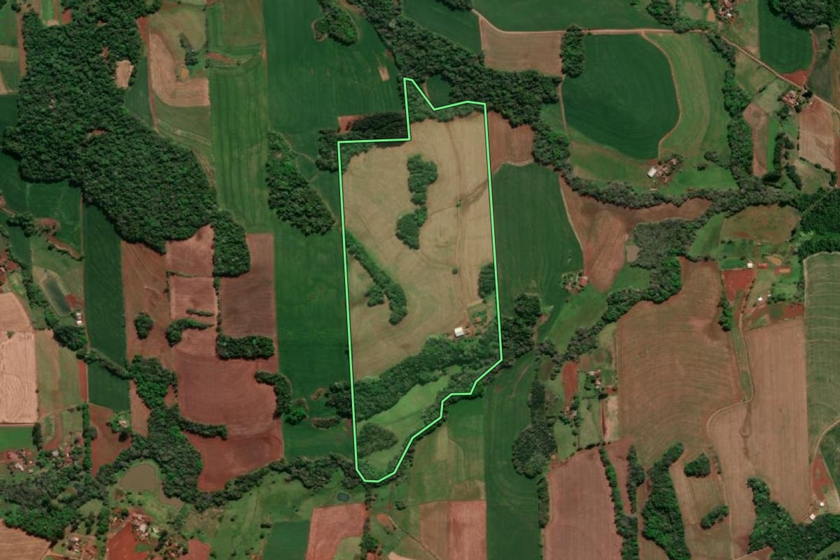 Imagem de satélite do imóvel rural em Horizontina (RS), com o contorno declarado no CAR desenhado por cima.