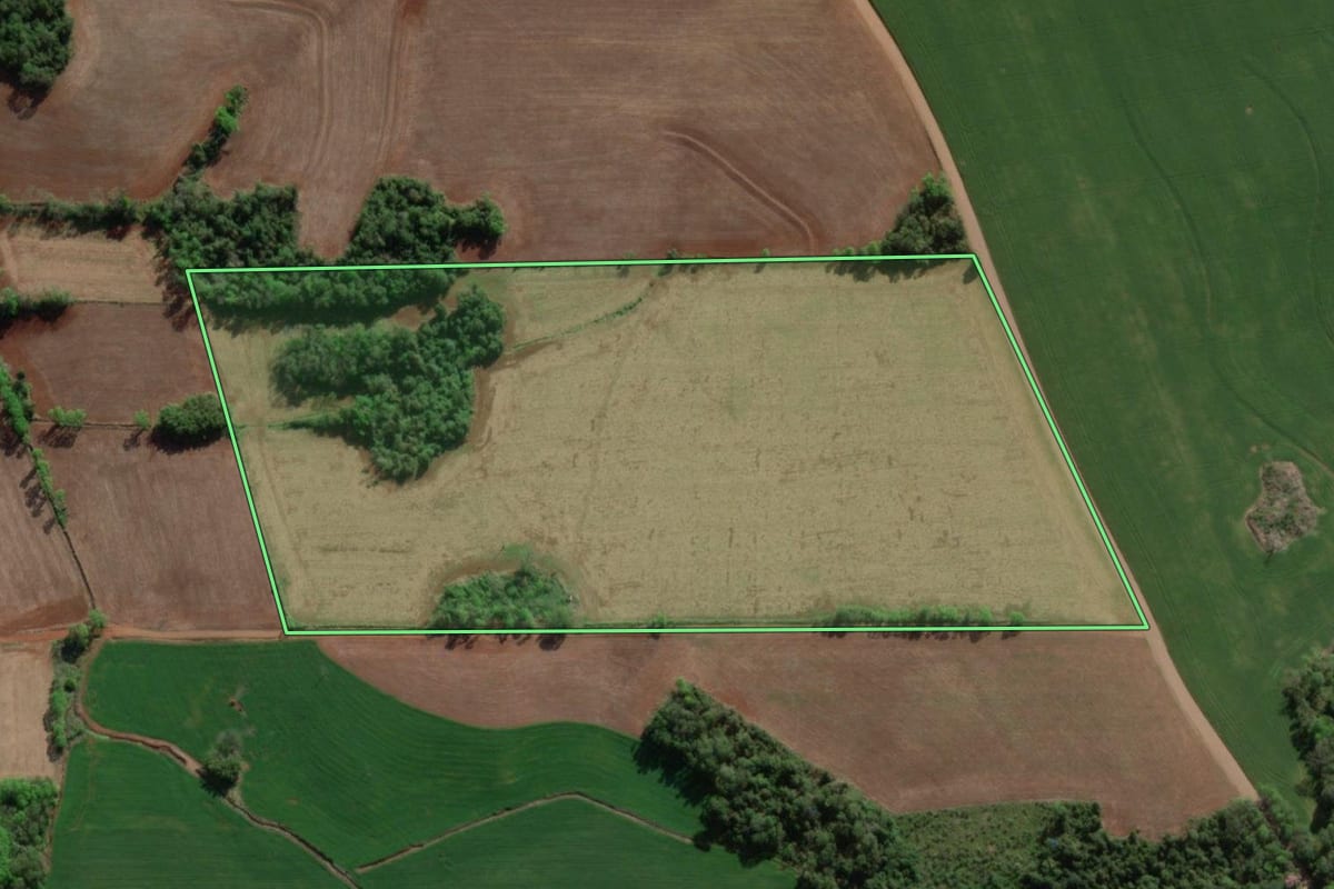 Imagem de satélite do imóvel rural em Horizontina (RS), com o contorno declarado no CAR desenhado por cima.