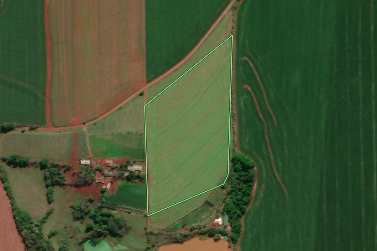 Imagem de satélite do imóvel rural em Horizontina (RS), com o contorno declarado no CAR desenhado por cima.