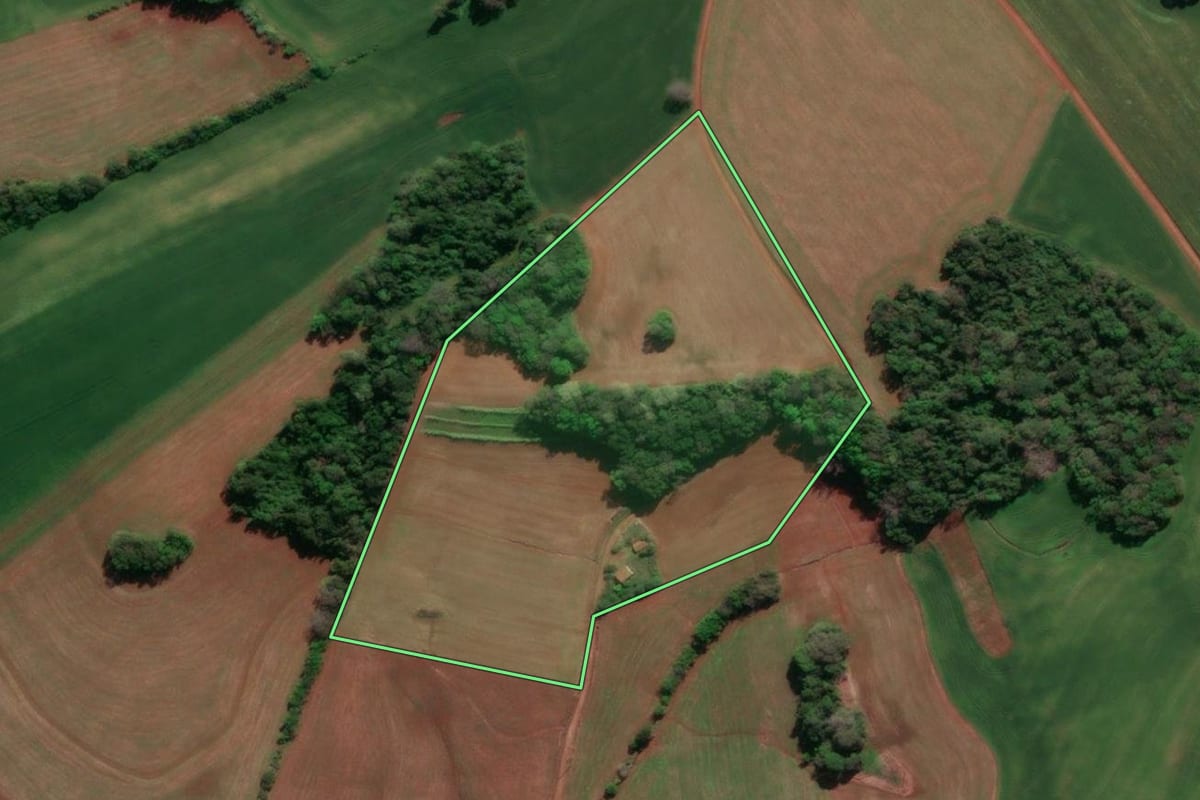 Imagem de satélite do imóvel rural em Horizontina (RS), com o contorno declarado no CAR desenhado por cima.