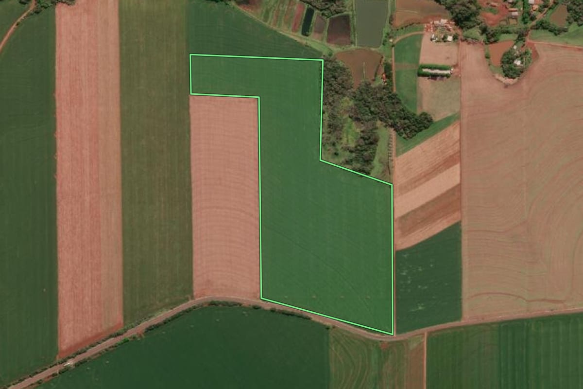 Imagem de satélite do imóvel rural em Horizontina (RS), com o contorno declarado no CAR desenhado por cima.