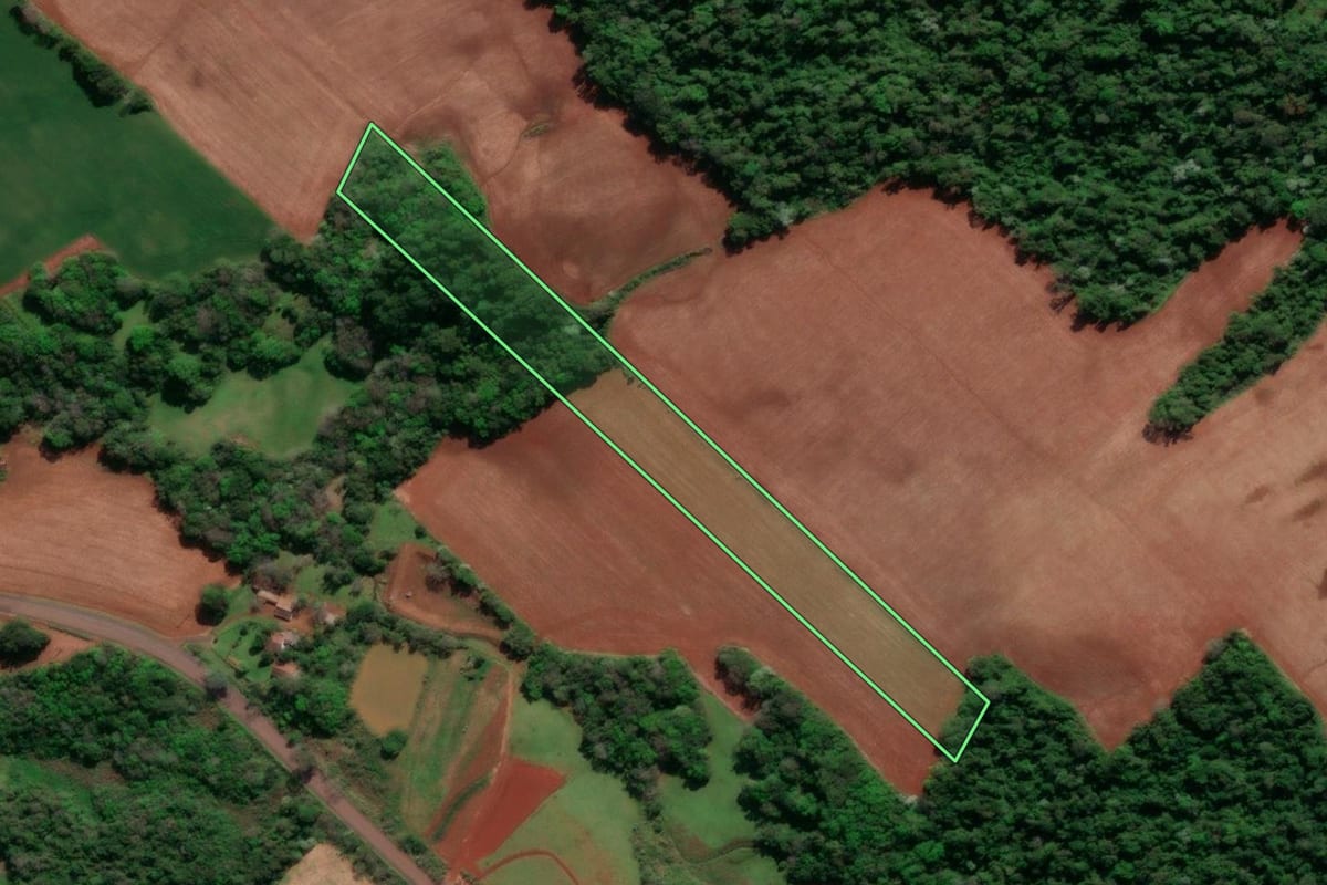 Imagem de satélite do imóvel rural em Horizontina (RS), com o contorno declarado no CAR desenhado por cima.