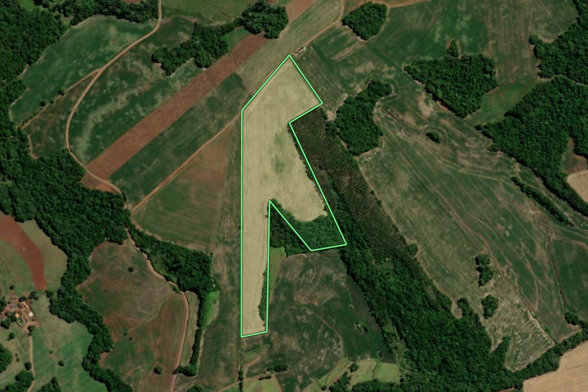 Imagem de satélite do imóvel rural em Horizontina (RS), com o contorno declarado no CAR desenhado por cima.