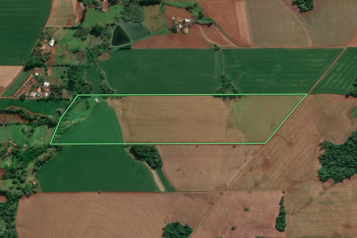 Imagem de satélite do imóvel rural em Horizontina (RS), com o contorno declarado no CAR desenhado por cima.