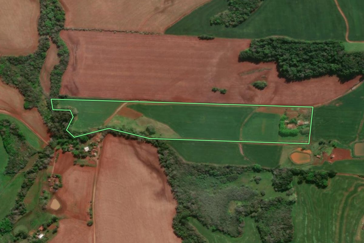 Imagem de satélite do imóvel rural em Horizontina (RS), com o contorno declarado no CAR desenhado por cima.