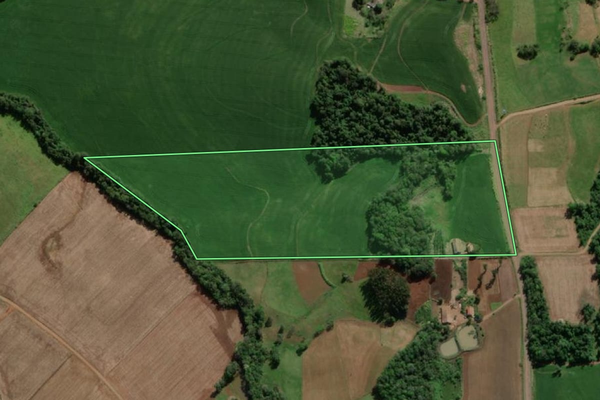 Imagem de satélite do imóvel rural em Horizontina (RS), com o contorno declarado no CAR desenhado por cima.