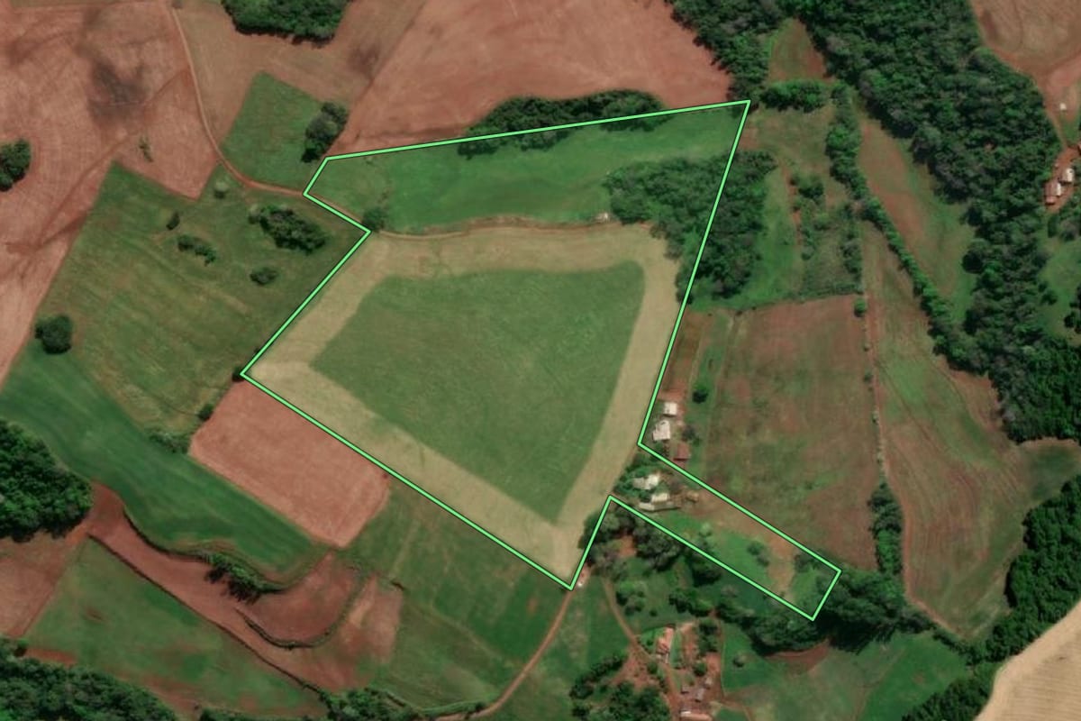 Imagem de satélite do imóvel rural em Horizontina (RS), com o contorno declarado no CAR desenhado por cima.