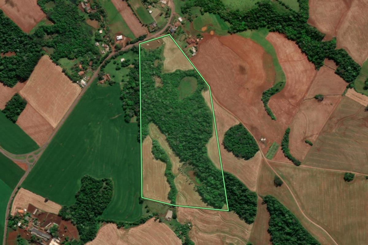 Imagem de satélite do imóvel rural em Horizontina (RS), com o contorno declarado no CAR desenhado por cima.