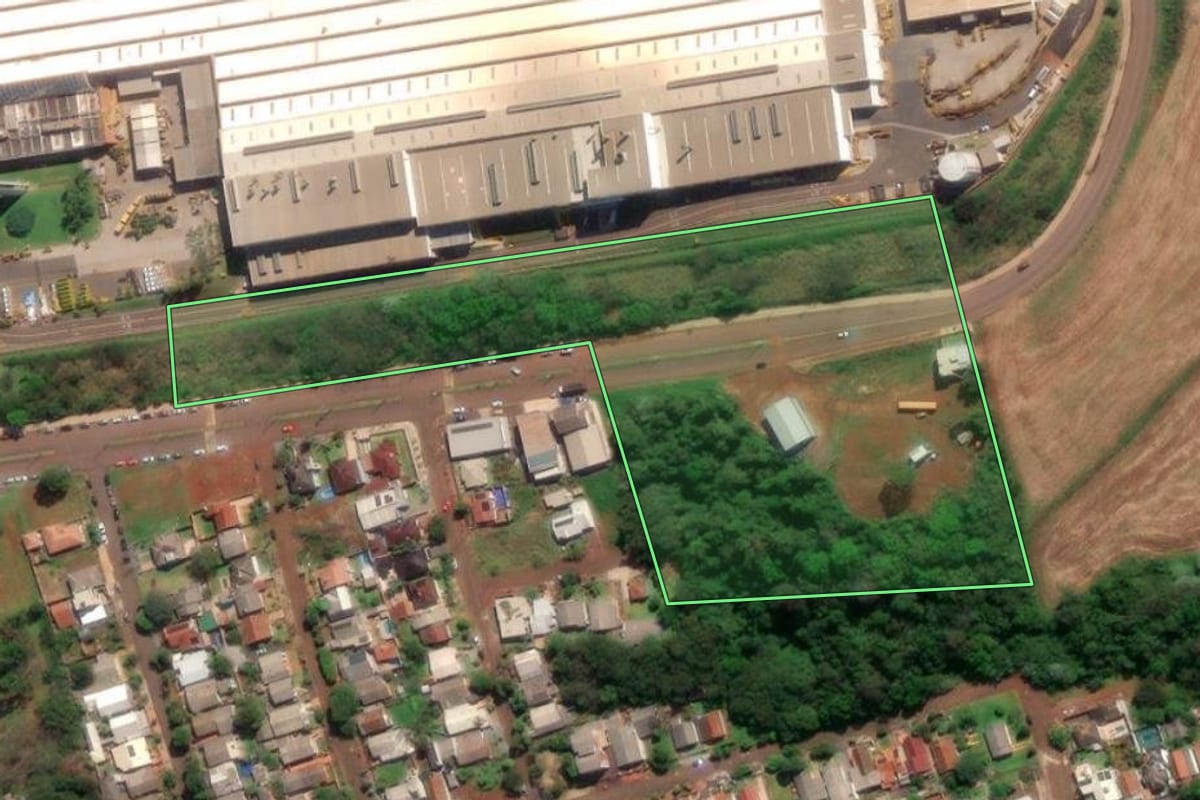 Imagem de satélite do imóvel rural em Horizontina (RS), com o contorno declarado no CAR desenhado por cima.