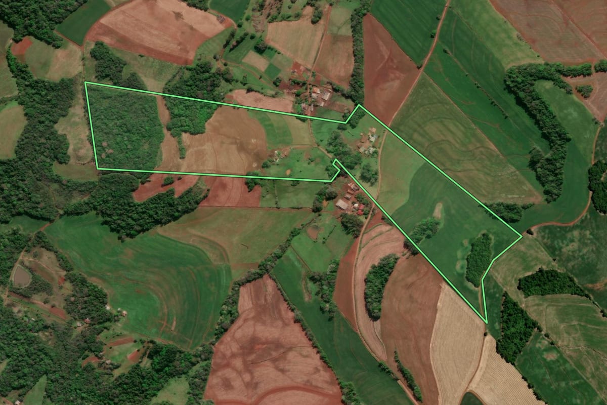 Imagem de satélite do imóvel rural em Horizontina (RS), com o contorno declarado no CAR desenhado por cima.