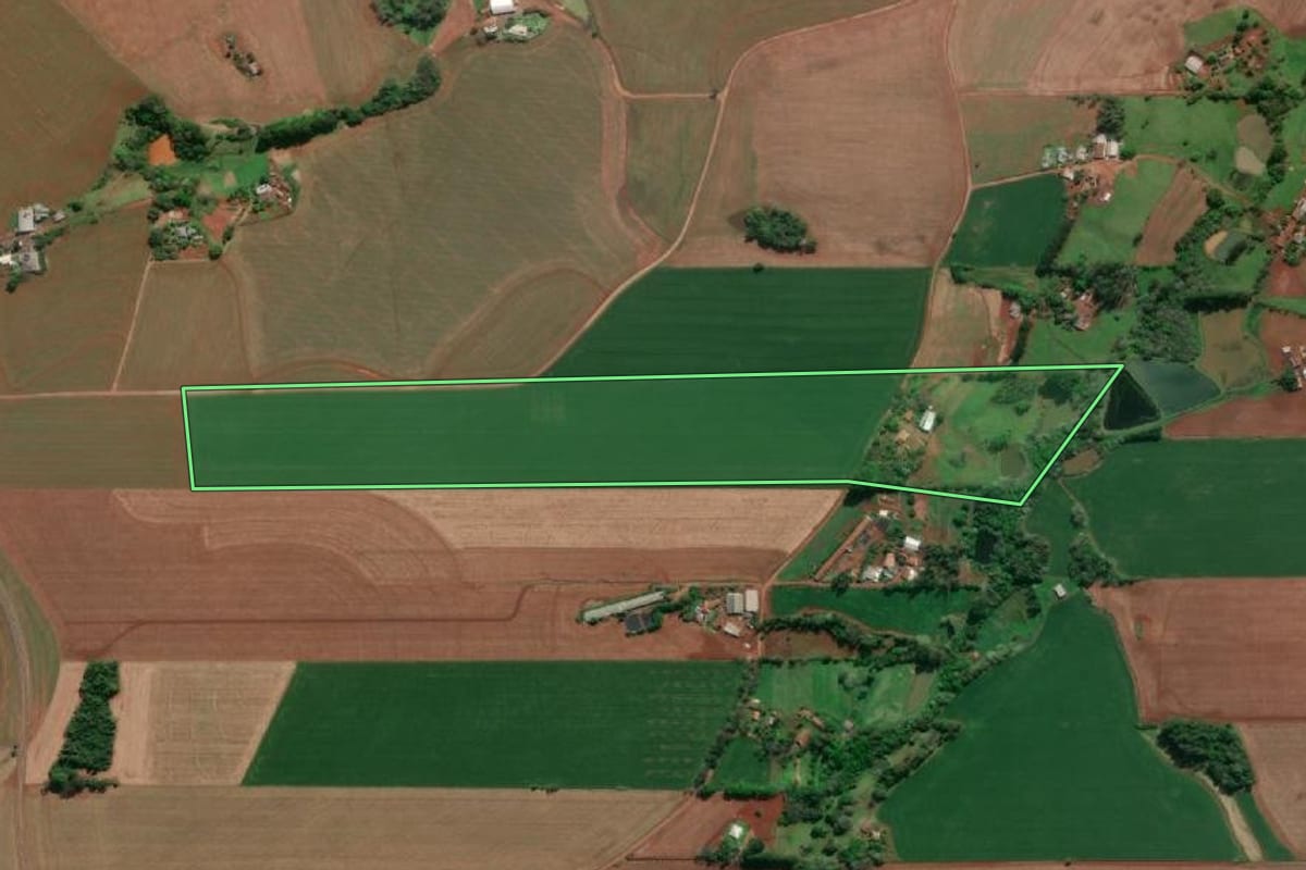 Imagem de satélite do imóvel rural em Horizontina (RS), com o contorno declarado no CAR desenhado por cima.
