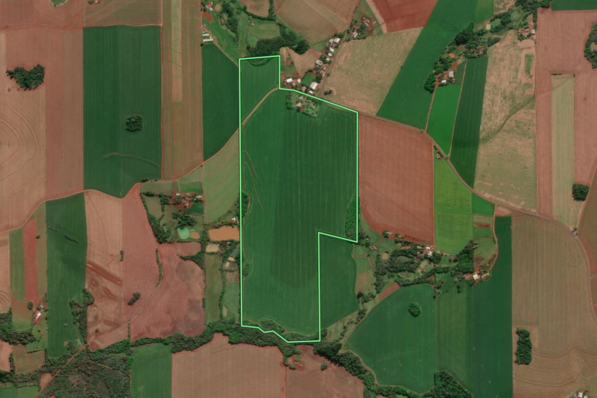 Imagem de satélite do imóvel rural em Horizontina (RS), com o contorno declarado no CAR desenhado por cima.