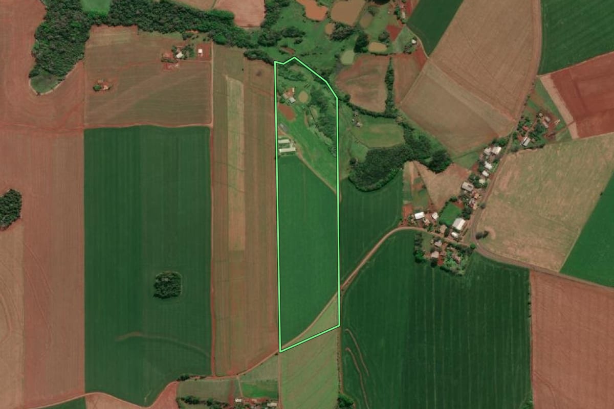Imagem de satélite do imóvel rural em Horizontina (RS), com o contorno declarado no CAR desenhado por cima.