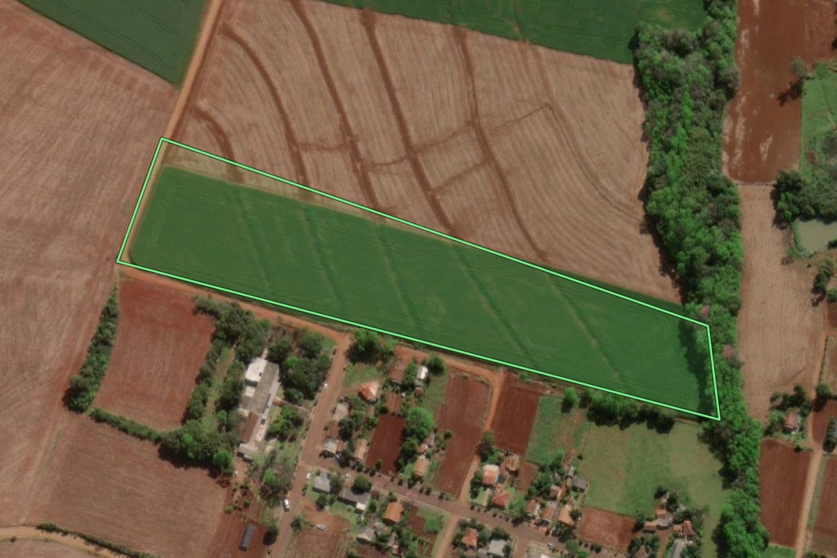 Imagem de satélite do imóvel rural em Horizontina (RS), com o contorno declarado no CAR desenhado por cima.