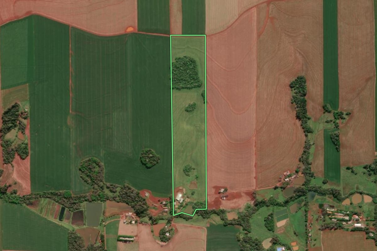 Imagem de satélite do imóvel rural em Horizontina (RS), com o contorno declarado no CAR desenhado por cima.