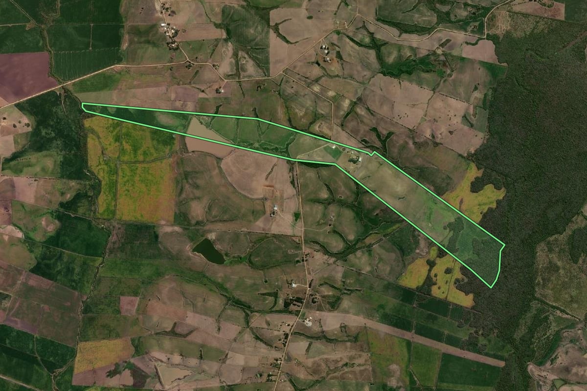 Imagem de satélite do imóvel rural em Hulha Negra (RS), com o contorno declarado no CAR desenhado por cima.