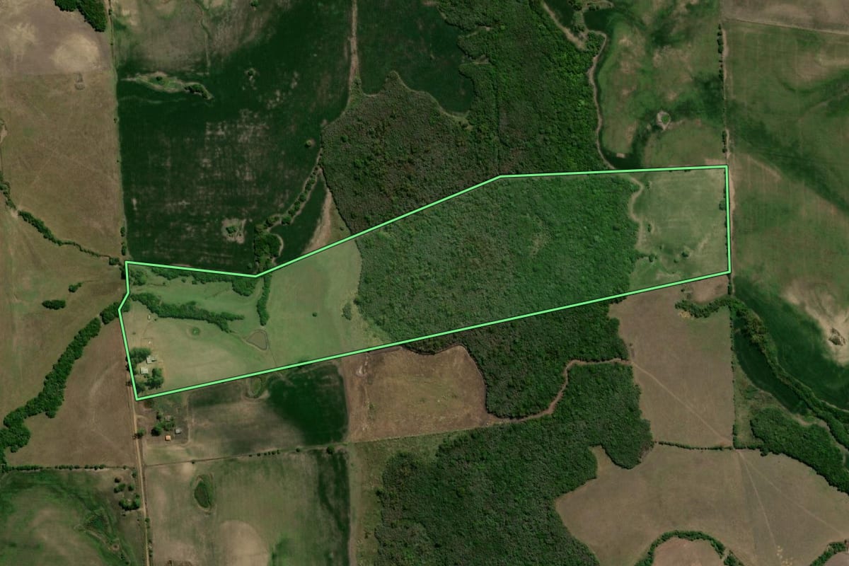 Imagem de satélite do imóvel rural em Hulha Negra (RS), com o contorno declarado no CAR desenhado por cima.