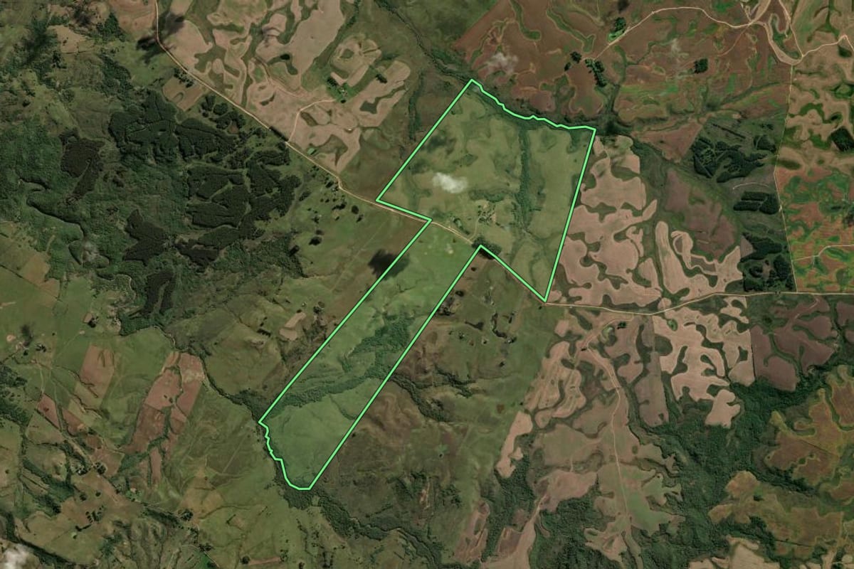 Imagem de satélite do imóvel rural em Hulha Negra (RS), com o contorno declarado no CAR desenhado por cima.