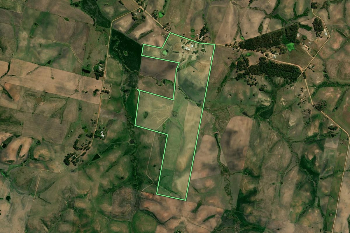 Imagem de satélite do imóvel rural em Hulha Negra (RS), com o contorno declarado no CAR desenhado por cima.