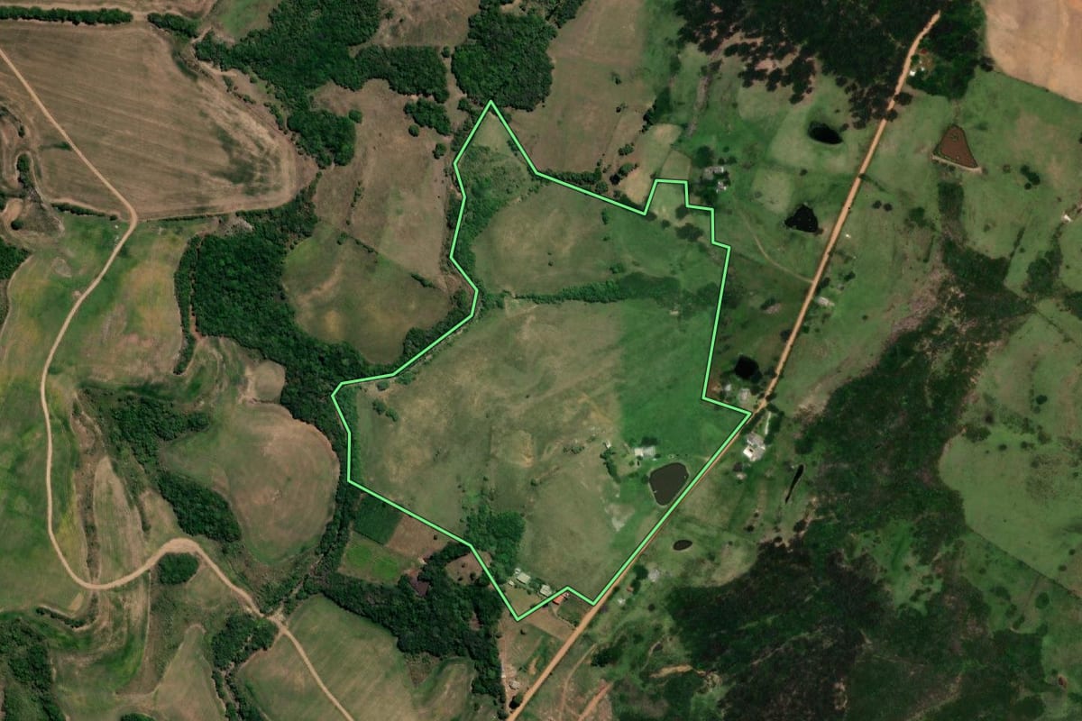 Imagem de satélite do imóvel rural em Hulha Negra (RS), com o contorno declarado no CAR desenhado por cima.