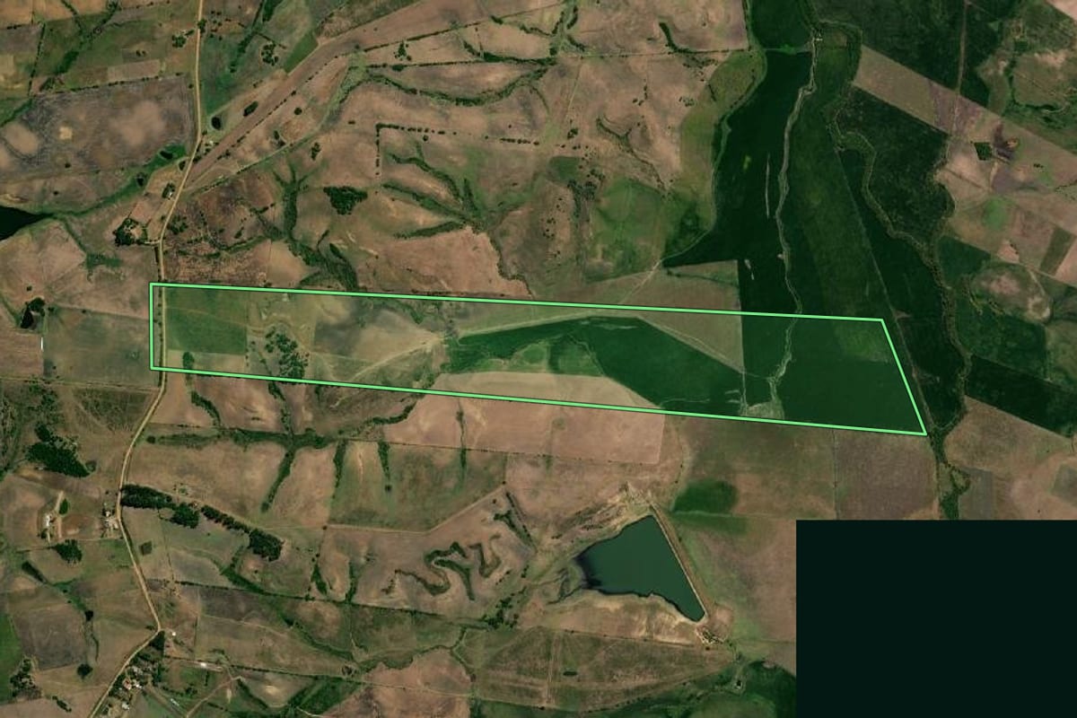 Imagem de satélite do imóvel rural em Hulha Negra (RS), com o contorno declarado no CAR desenhado por cima.