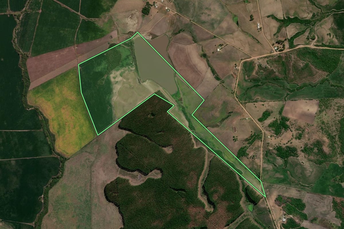 Imagem de satélite do imóvel rural em Hulha Negra (RS), com o contorno declarado no CAR desenhado por cima.