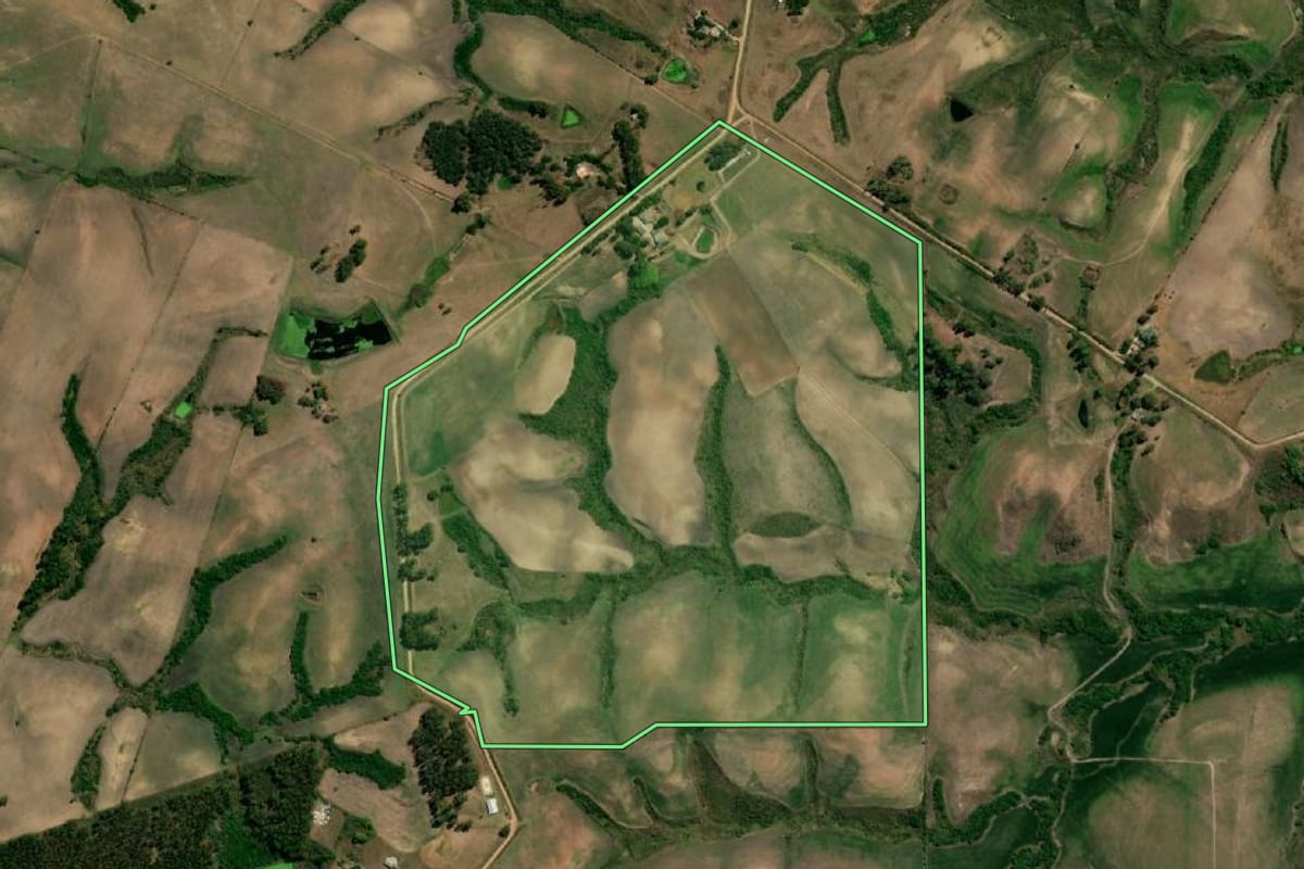 Imagem de satélite do imóvel rural em Hulha Negra (RS), com o contorno declarado no CAR desenhado por cima.