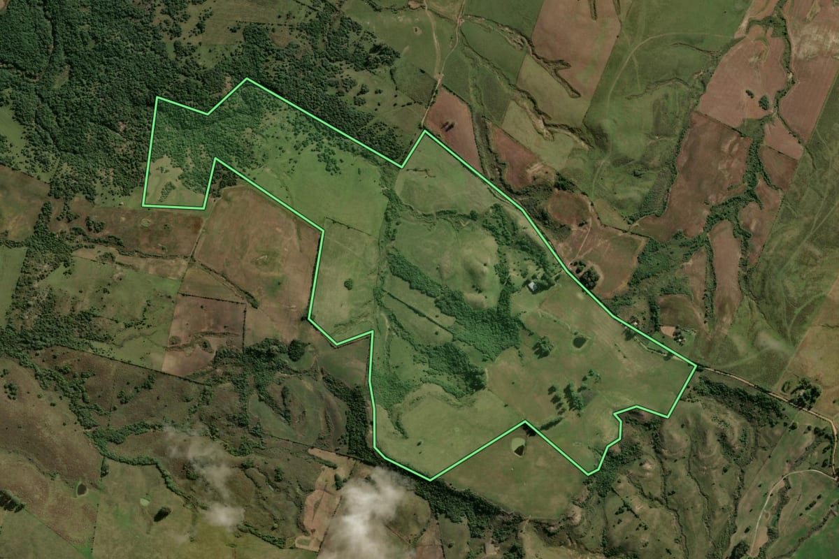 Imagem de satélite do imóvel rural em Hulha Negra (RS), com o contorno declarado no CAR desenhado por cima.