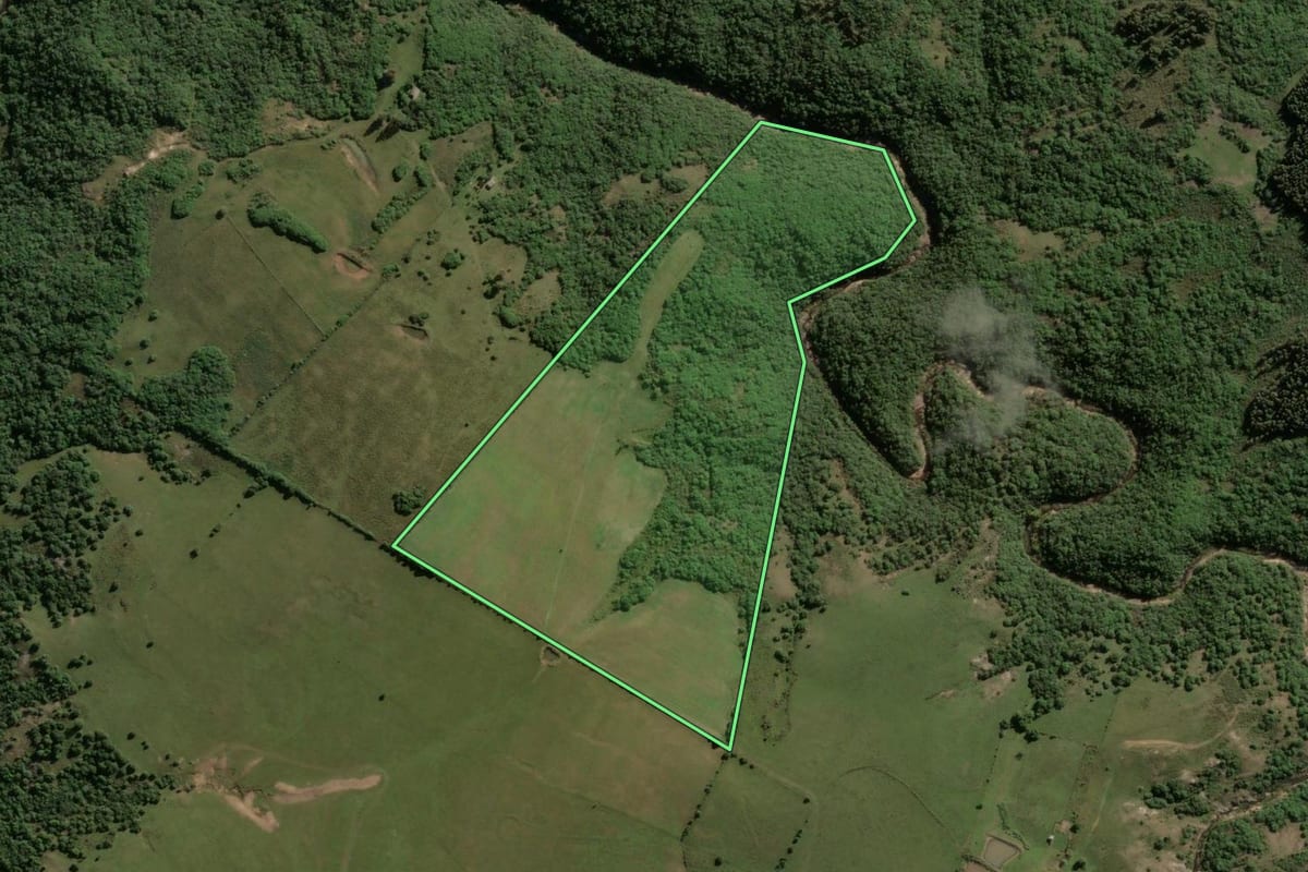 Imagem de satélite do imóvel rural em Hulha Negra (RS), com o contorno declarado no CAR desenhado por cima.