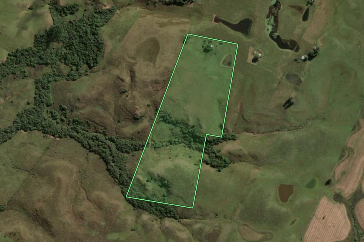 Imagem de satélite do imóvel rural em Hulha Negra (RS), com o contorno declarado no CAR desenhado por cima.