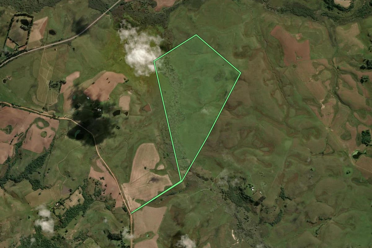 Imagem de satélite do imóvel rural em Hulha Negra (RS), com o contorno declarado no CAR desenhado por cima.