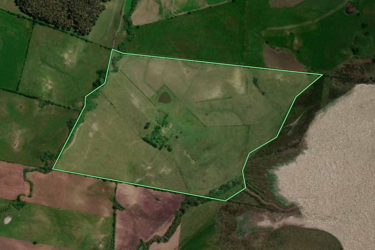 Imagem de satélite do imóvel rural em Hulha Negra (RS), com o contorno declarado no CAR desenhado por cima.