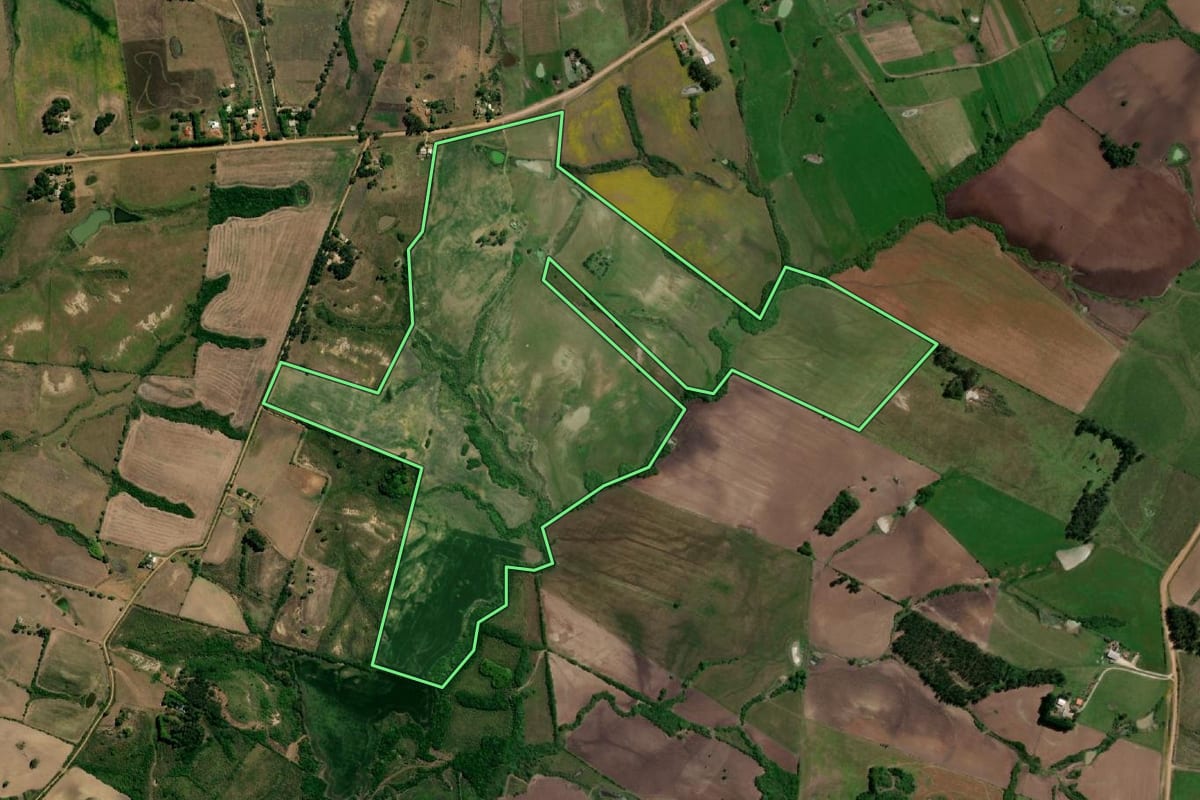 Imagem de satélite do imóvel rural em Hulha Negra (RS), com o contorno declarado no CAR desenhado por cima.
