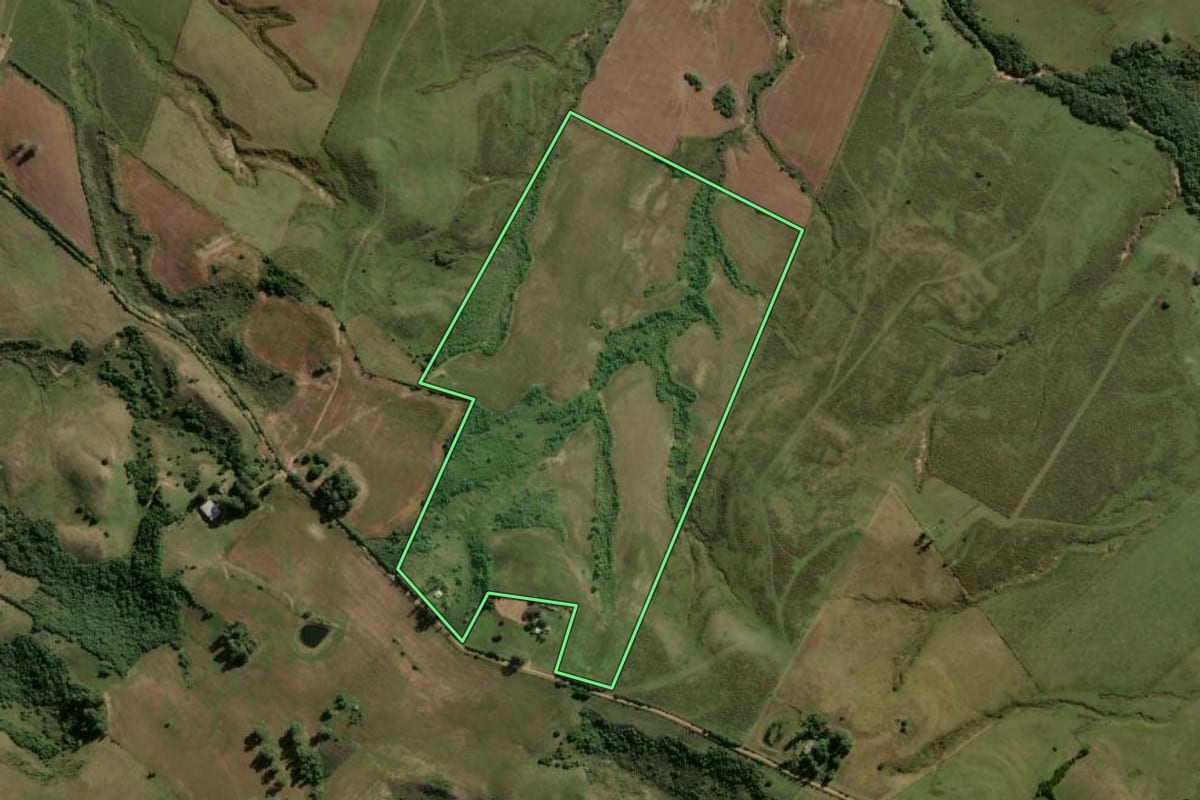 Imagem de satélite do imóvel rural em Hulha Negra (RS), com o contorno declarado no CAR desenhado por cima.