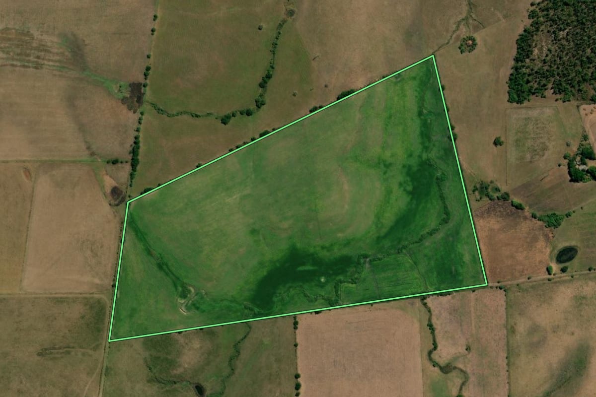 Imagem de satélite do imóvel rural em Hulha Negra (RS), com o contorno declarado no CAR desenhado por cima.