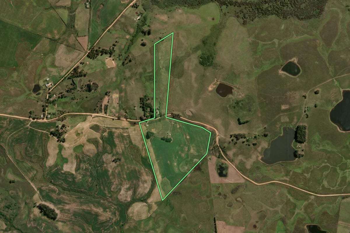 Imagem de satélite do imóvel rural em Hulha Negra (RS), com o contorno declarado no CAR desenhado por cima.
